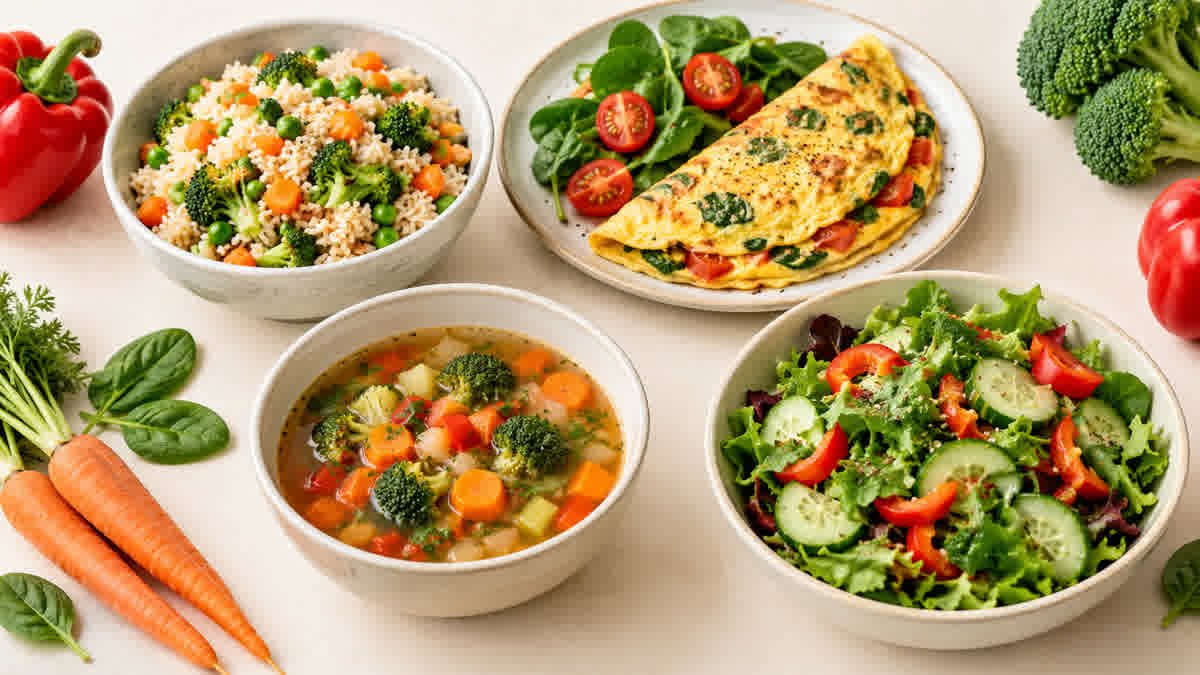Colorful everyday meals featuring vegetables, including vegetable rice, an omelet, fresh salad, and vegetable soup.
