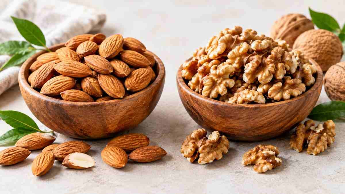 Almonds and walnut halves displayed side by side in wooden bowls for a nutritional comparison.