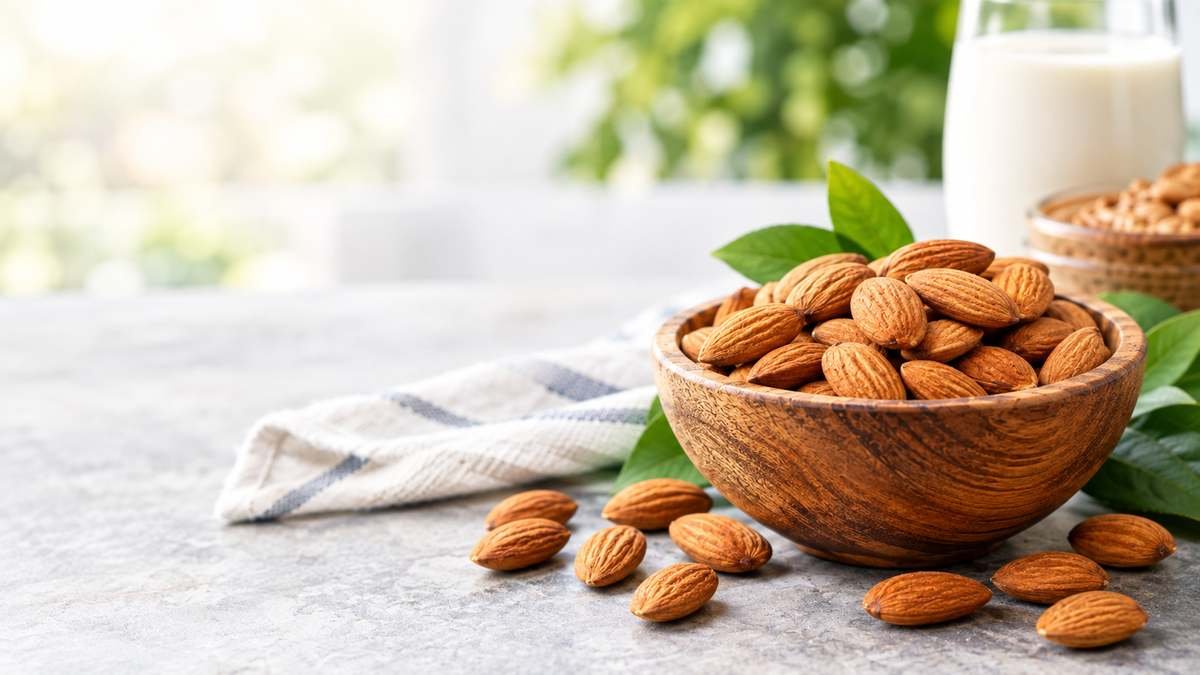 Almonds in a bowl showing healthy serving ideas and nutrition benefits