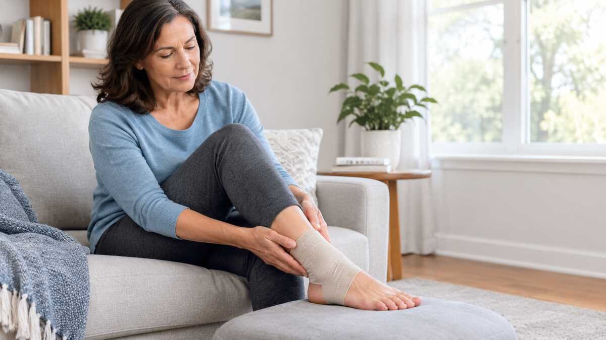 Woman in her 50s supporting her ankle while recovering from a sprain at home.