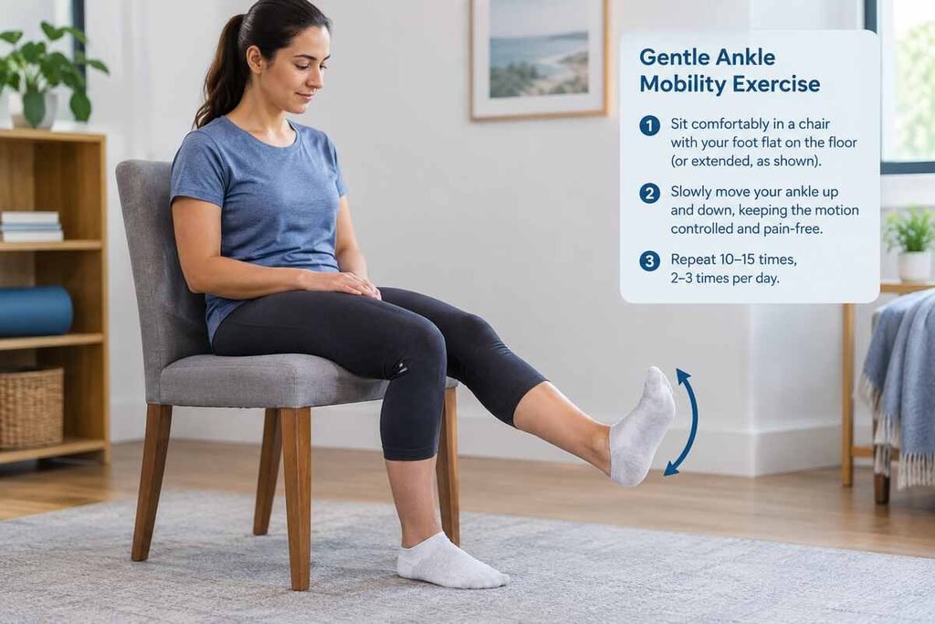 Adult performing a gentle ankle mobility exercise while seated during recovery.