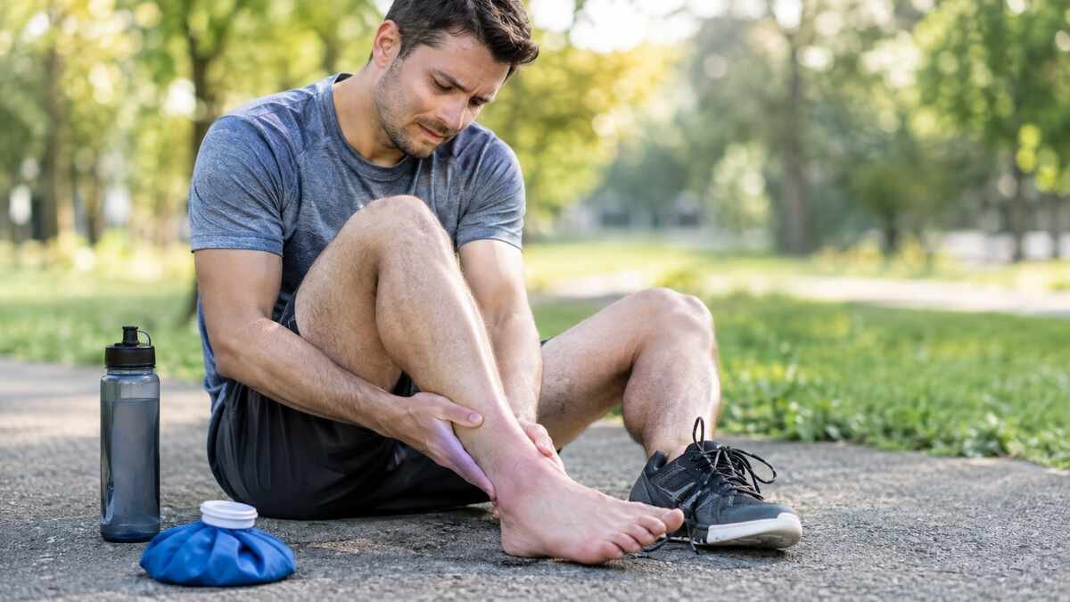 Man holding his swollen ankle after a sprain — 7 ankle sprain symptoms in men you shouldn't ignore and when to see a doctor.