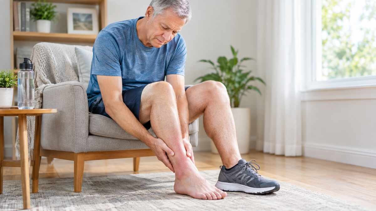 Older adult examining a painful ankle after a possible sprain