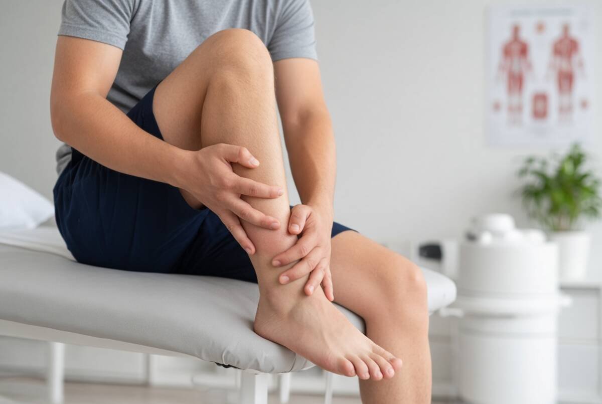 Adult holding an injured ankle while sitting on an exercise mat during recovery from an ankle sprain.