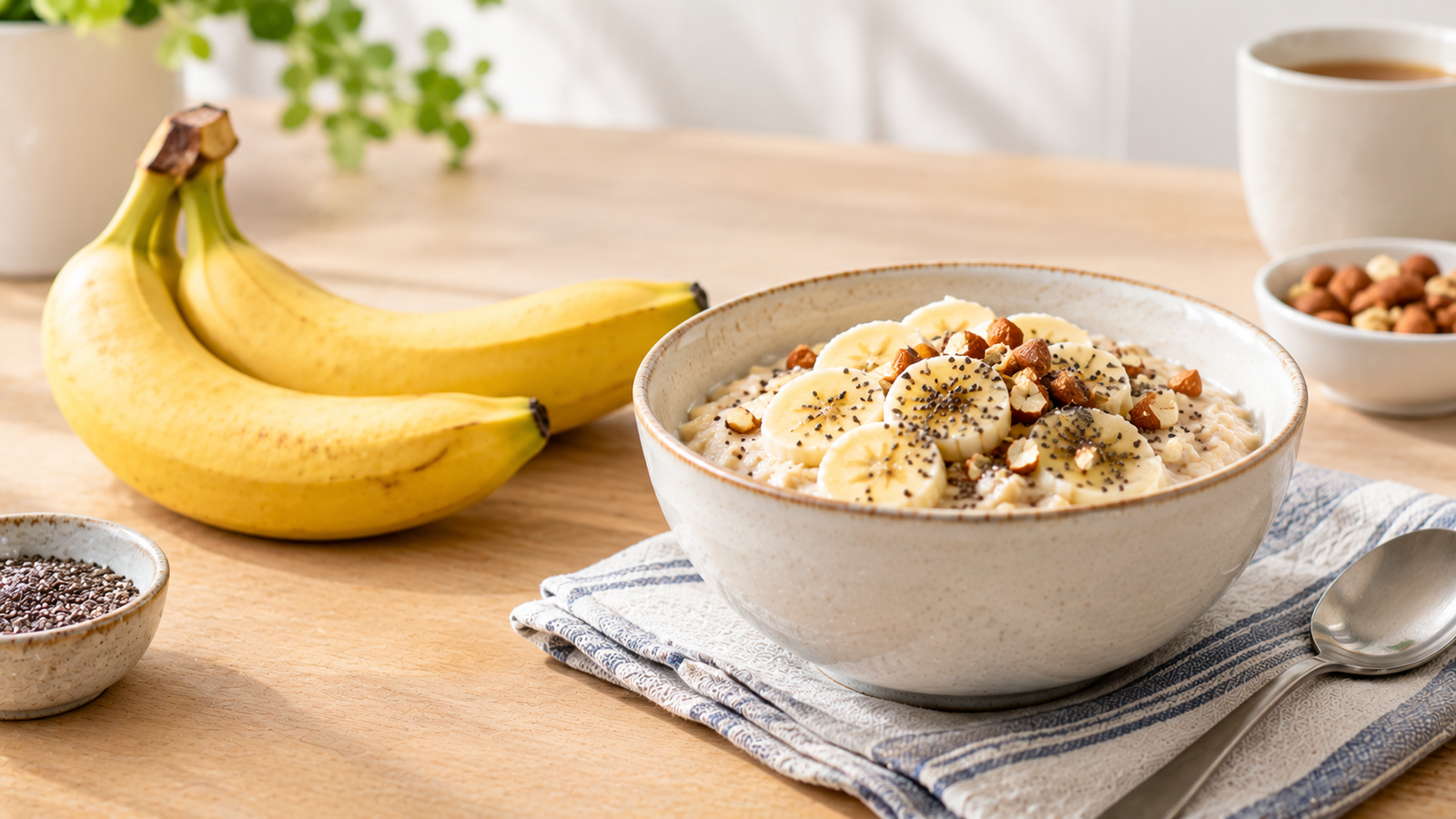Ripe bananas served with oatmeal as a simple breakfast option