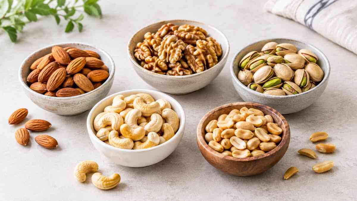 A small portion of mixed nuts including almonds, walnuts, pistachios, cashews, and peanuts for a healthy weight-management diet.