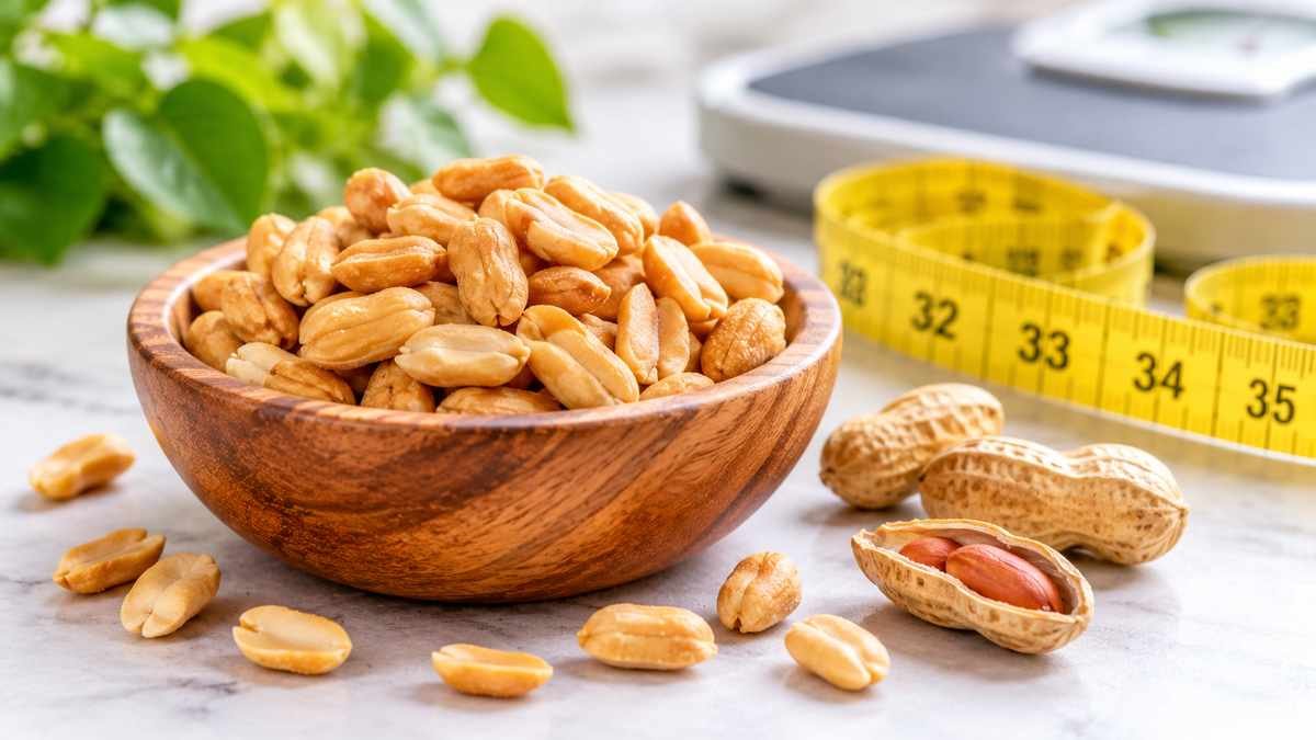 A bowl of roasted peanuts with peanut shells and a measuring tape, illustrating peanuts and weight management.