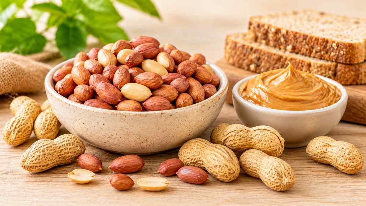 A bowl of peanuts beside natural peanut butter and whole-grain toast.