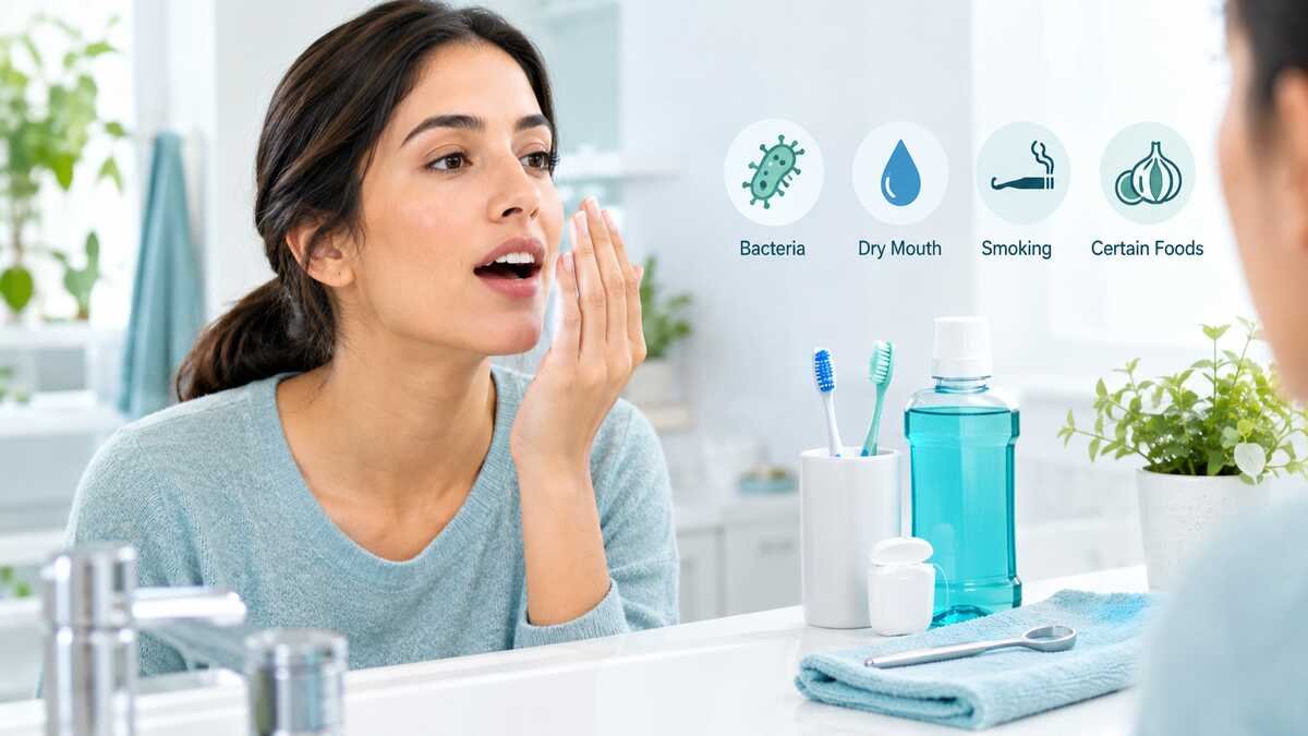 Person checking breath in mirror — 7 bad breath risk factors and what increases your risk