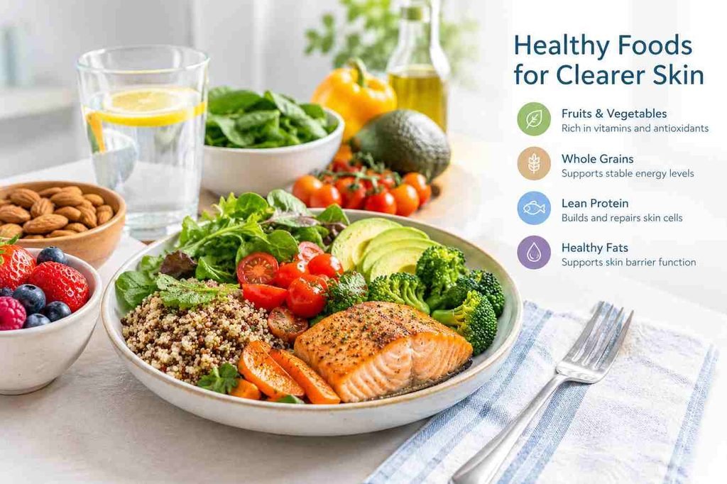Balanced meal featuring salmon, whole grains, leafy greens, vegetables, berries, almonds, and avocado to support overall health and skin wellness.