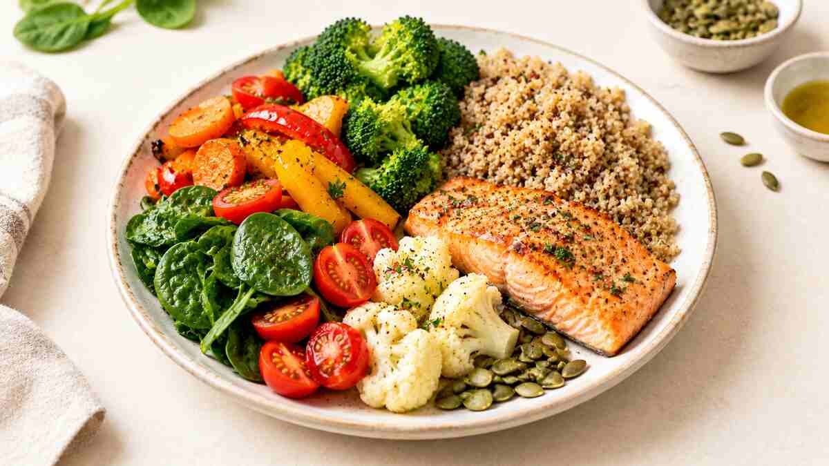 Balanced plate of colorful vegetables with whole grains and a protein source.