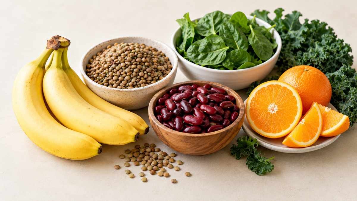 Fresh bananas arranged beside lentils, leafy greens, and orange slices