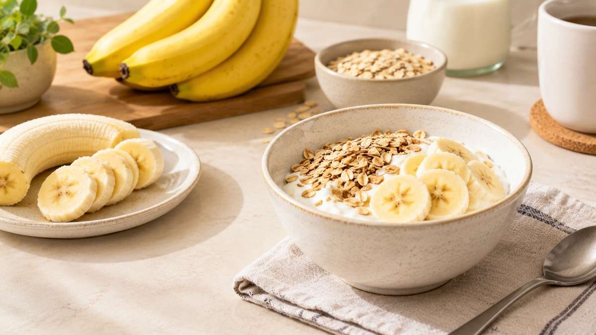 Fresh bananas and banana slices arranged on a plate