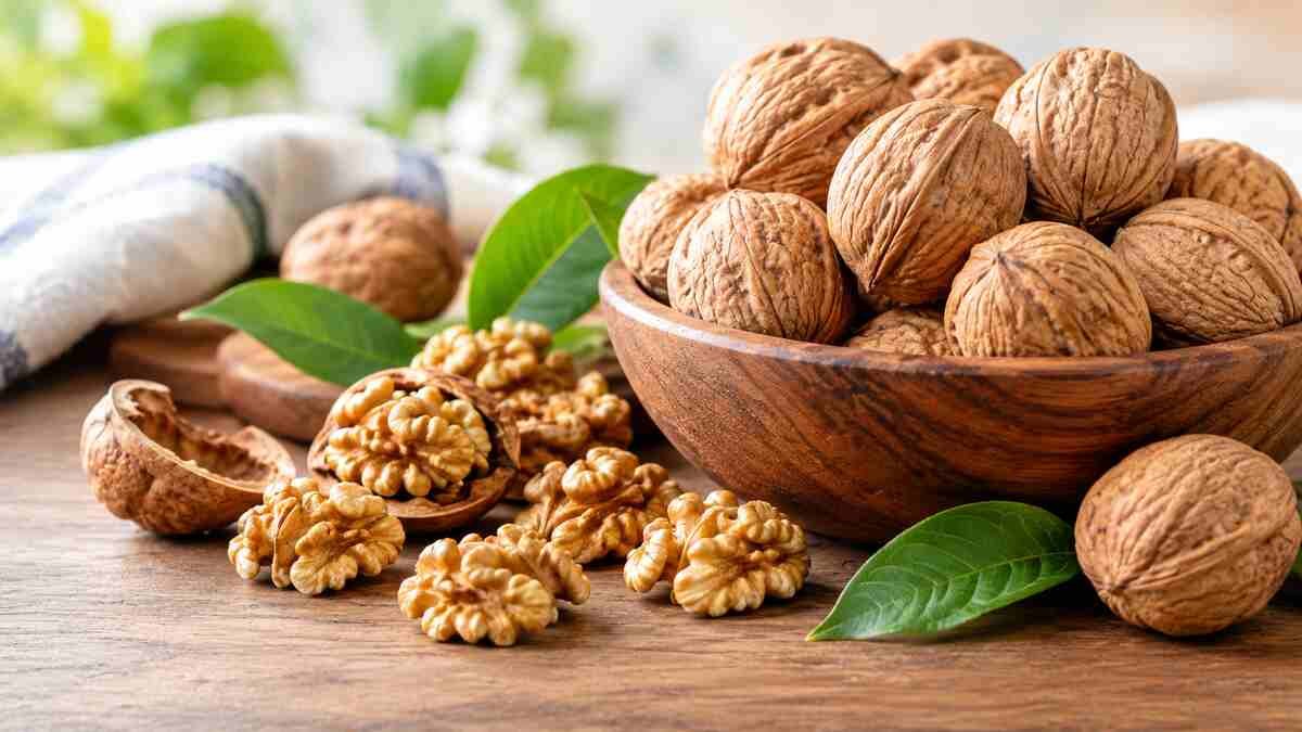 Fresh whole walnuts and walnut halves highlighting the nutritional benefits of eating walnuts every day.