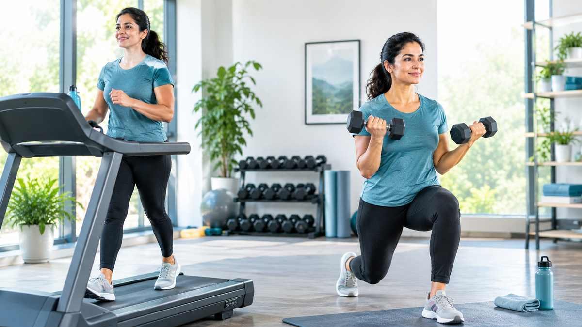 Adult doing cardio and strength training exercises for weight management