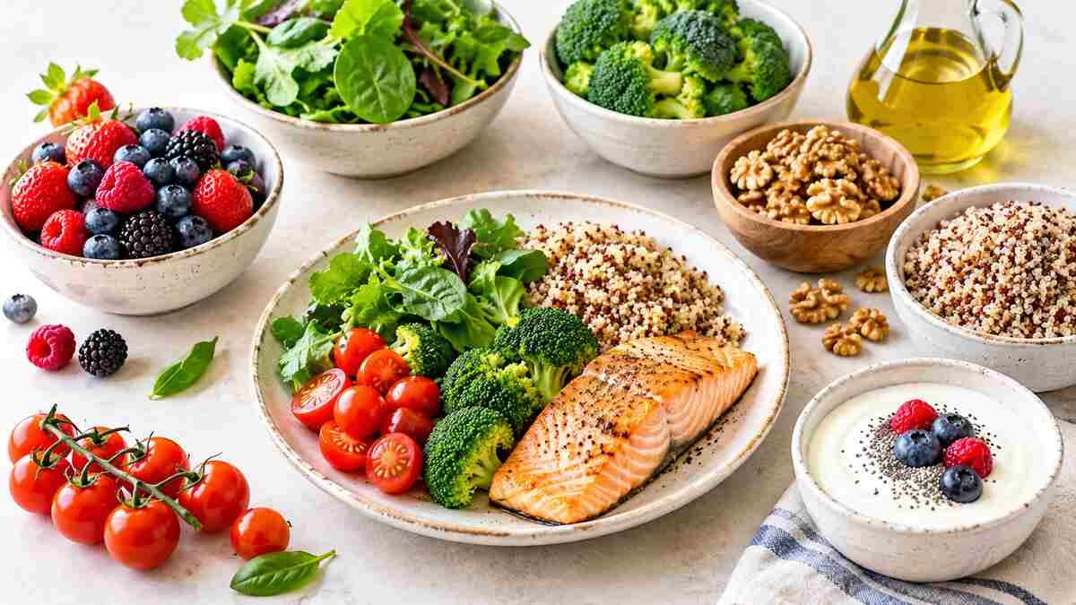 Healthy aging foods including berries, leafy greens, salmon, walnuts, whole grains, yogurt, and vegetables.