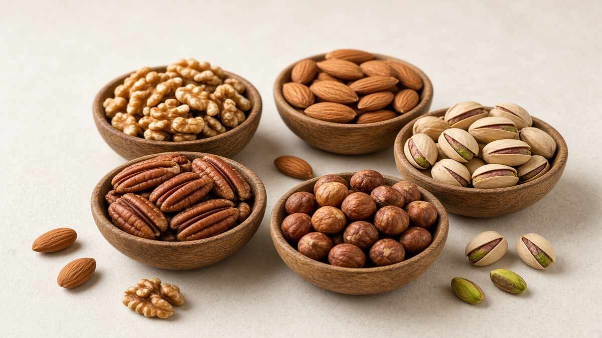 Heart-healthy nuts including walnuts, almonds, pistachios, pecans, and hazelnuts.