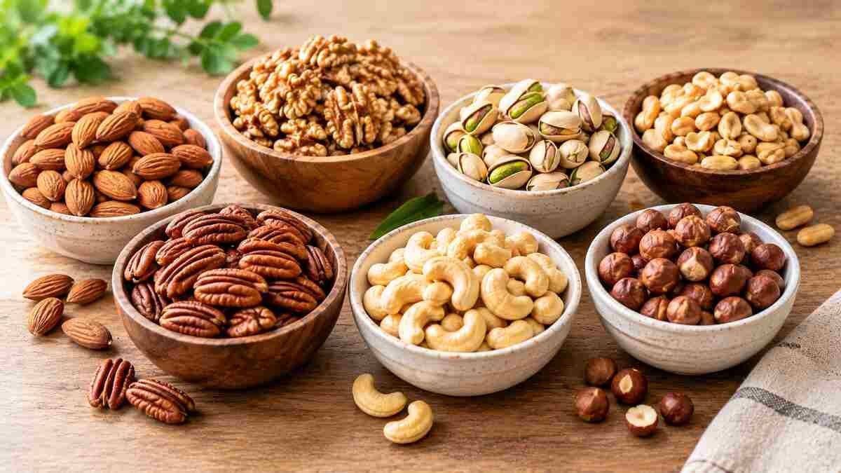Assorted almonds, walnuts, pistachios, peanuts, pecans, and cashews arranged in bowls for a guide to nuts and type 2 diabetes.