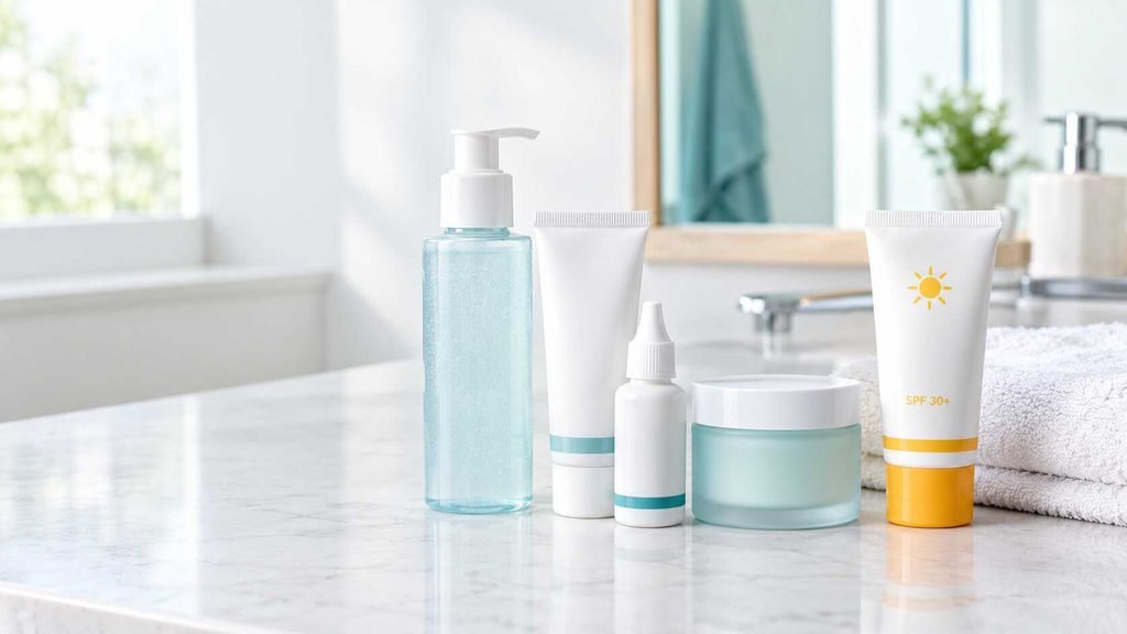 Skincare products including a gentle cleanser, acne treatment, moisturizer, and sunscreen arranged on a bathroom countertop.