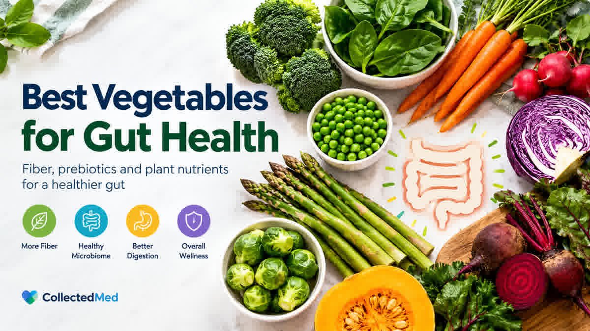 Fresh broccoli, spinach, carrots, peas, asparagus, and other vegetables for gut health