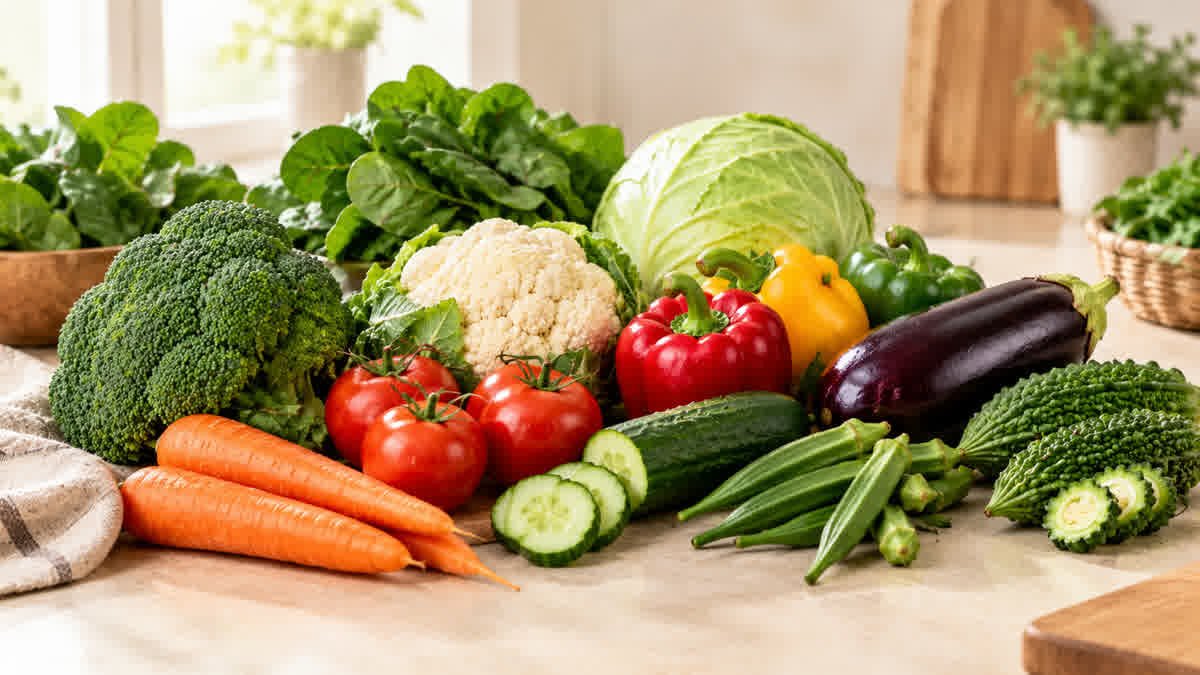 Fresh broccoli, spinach, cabbage, bell peppers, tomatoes, carrots, and other vegetables