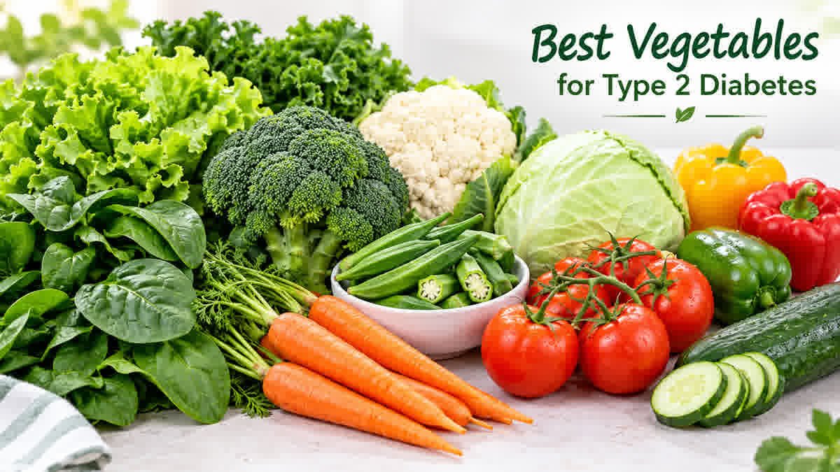 Fresh vegetables for a balanced type 2 diabetes eating plan, including spinach, broccoli, cauliflower, tomatoes, carrots, and bell peppers