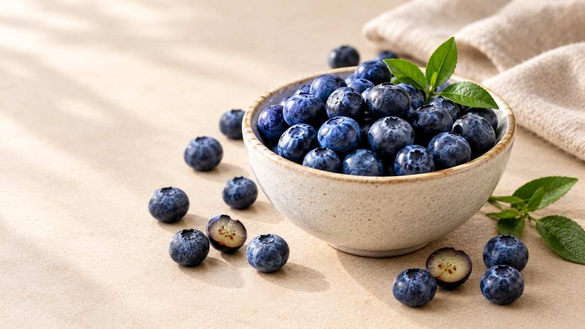 Fresh blueberries in a ceramic bowl on a neutral tabletop