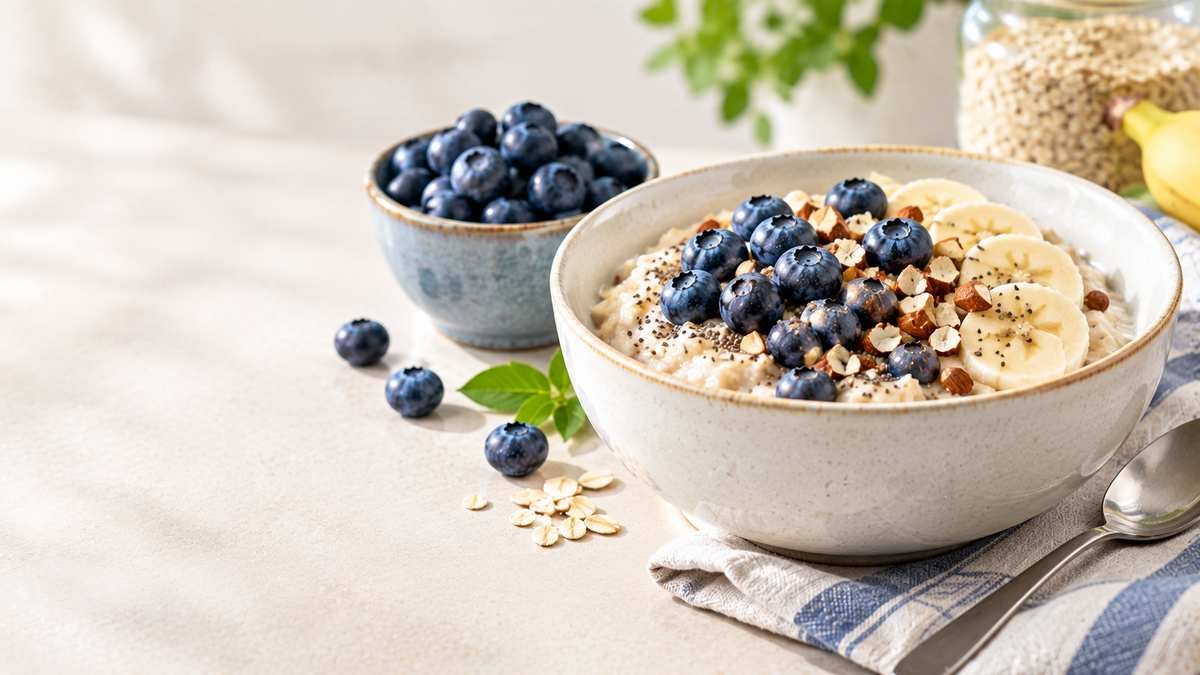 Fresh blueberries served with oatmeal as part of a heart-healthy breakfast