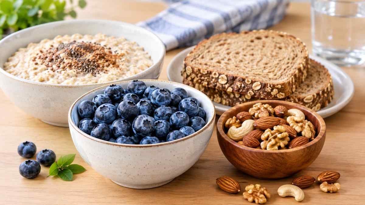 Fresh blueberries served with oatmeal and nuts as part of a heart-healthy breakfast.