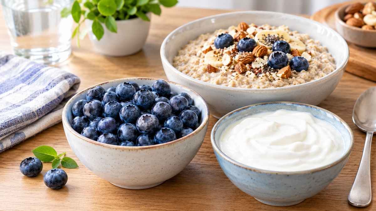 Fresh blueberries served with oatmeal and plain yogurt as part of a balanced diabetes-friendly breakfast.