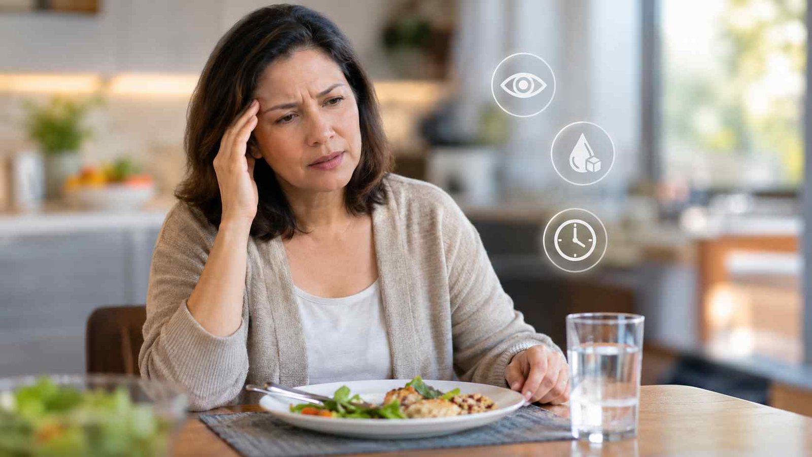 Person at a dining table touching their temple with blurred vision after eating