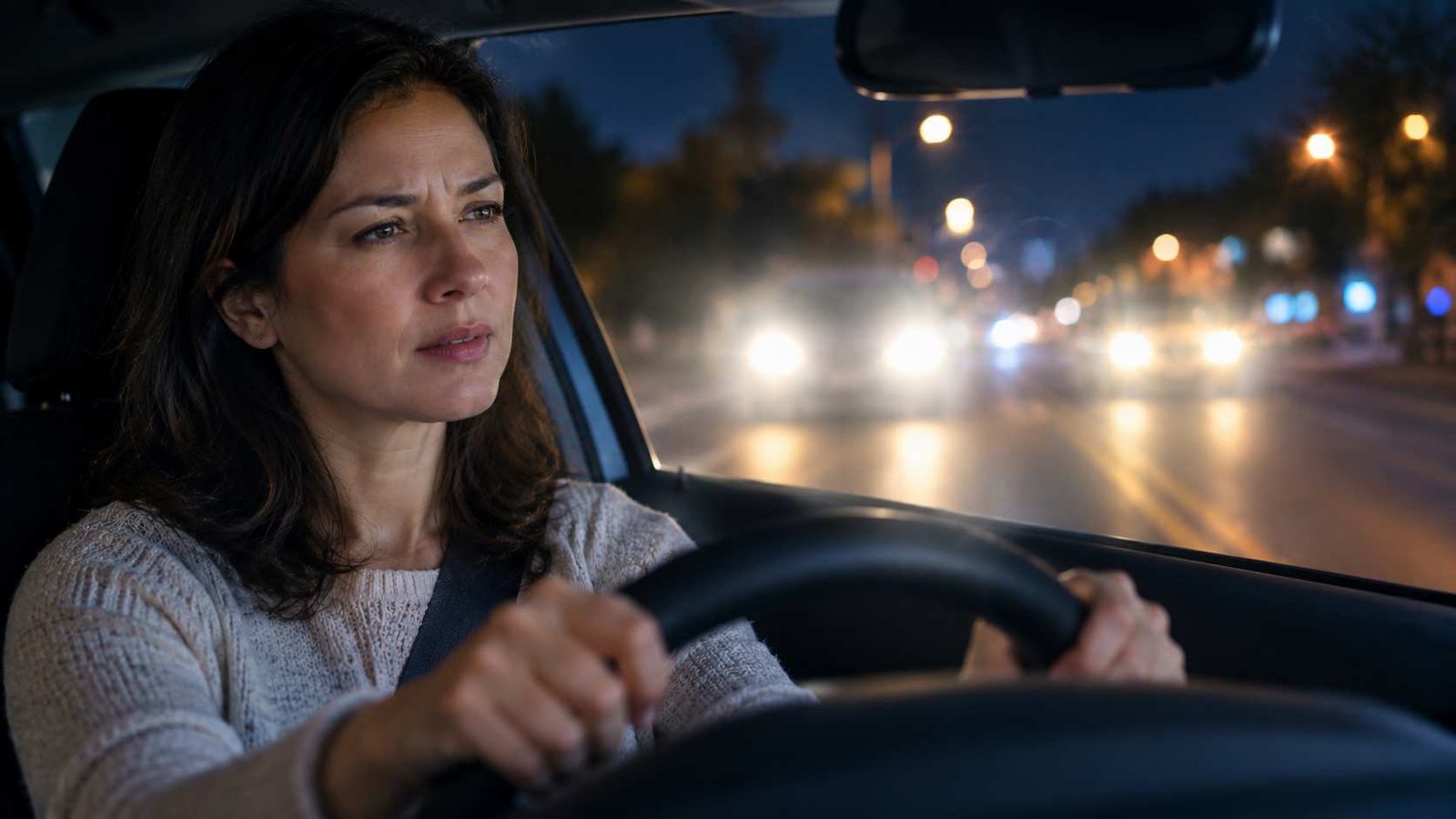 Person experiencing blurred vision while driving at night