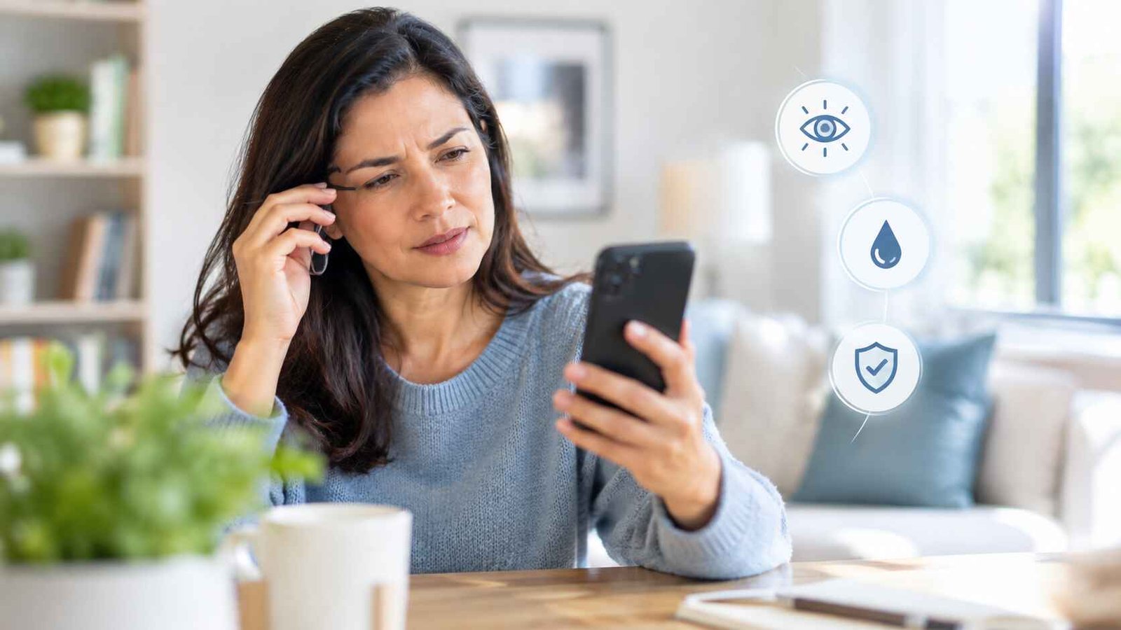Adult experiencing temporary blurred vision while looking at a smartphone at home
