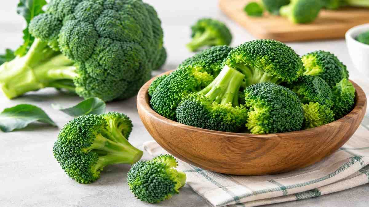 Fresh green broccoli florets in a wooden bowl with whole broccoli heads on a light kitchen countertop.