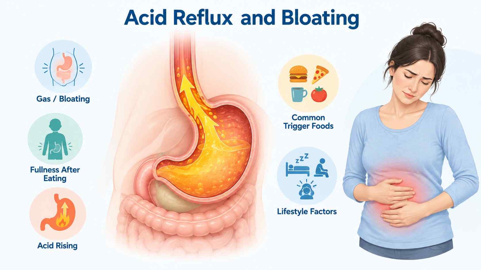 Medical illustration showing acid reflux from the stomach into the esophagus alongside upper abdominal bloating and fullness.