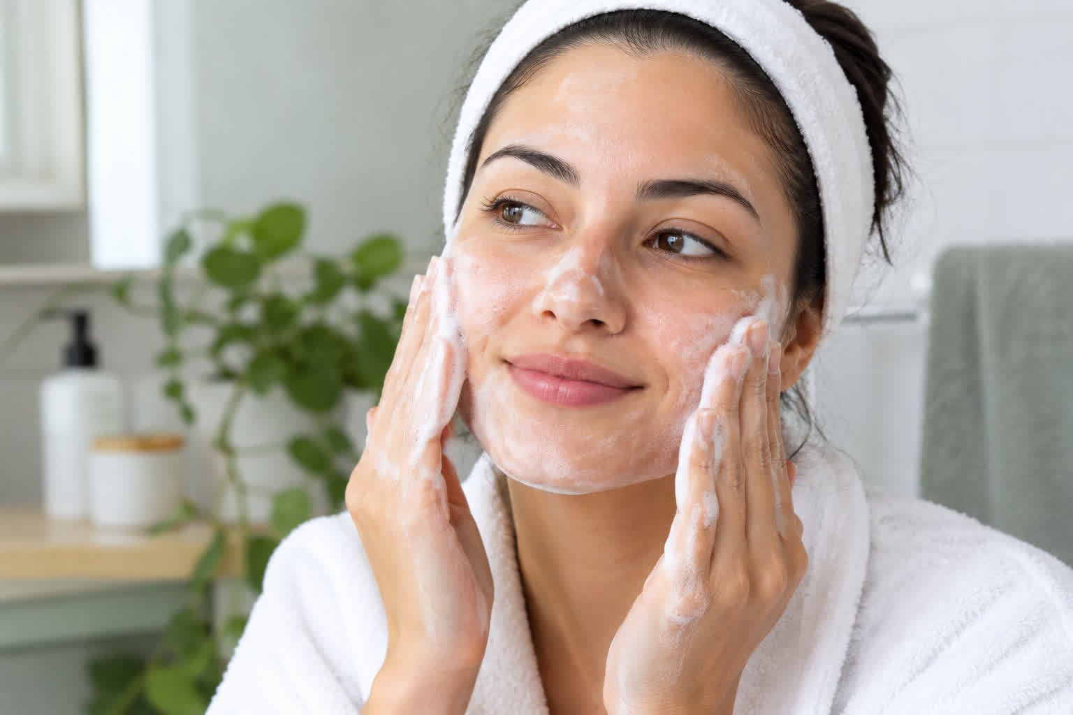 Acne prevention skincare routine with gentle facial cleansing and skincare products.