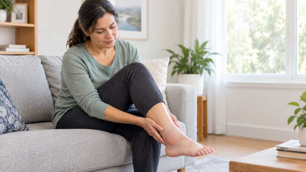 Adult gently checking their ankle at home after a possible sprain.