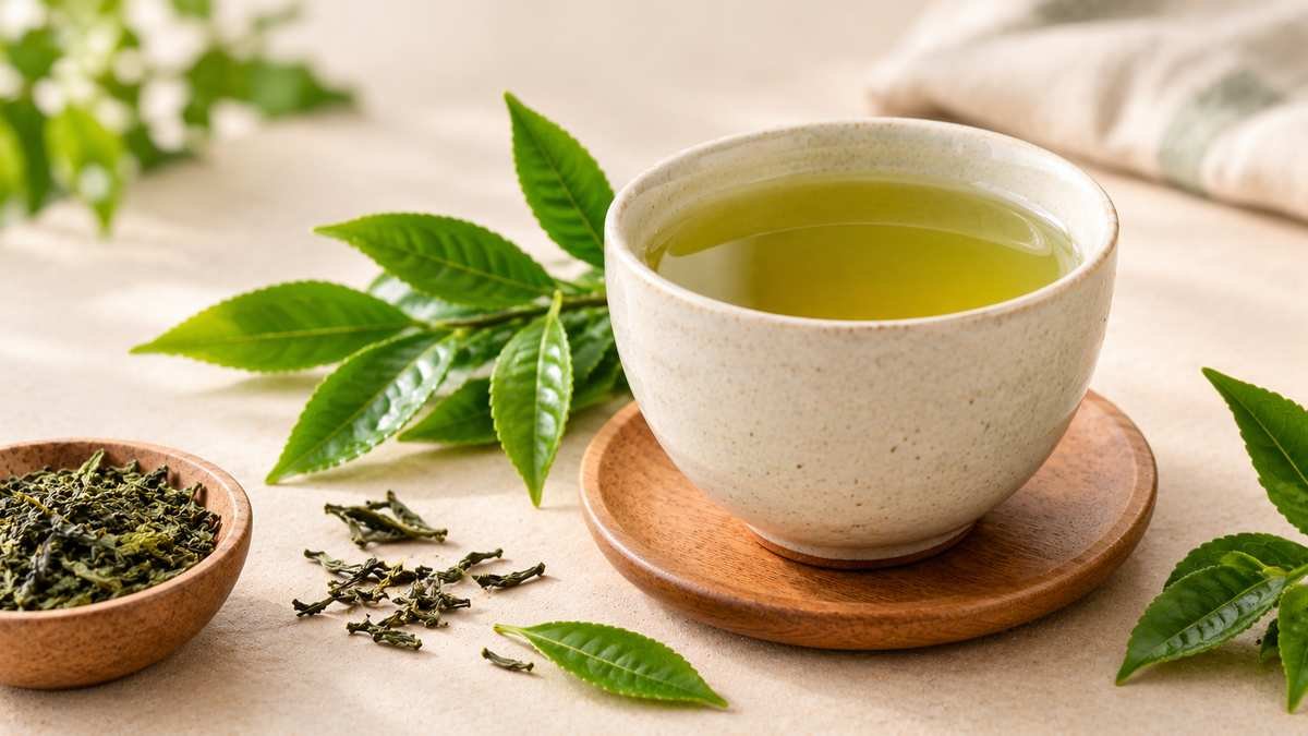 Cup of green tea with fresh tea leaves on a neutral surface