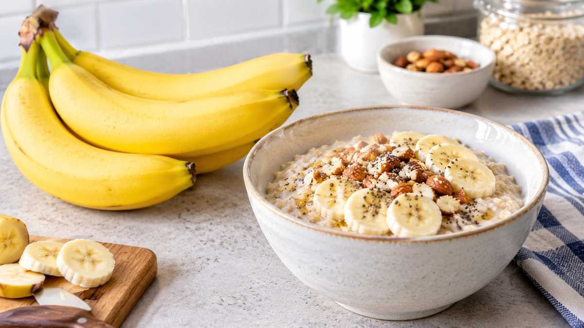 Fresh bananas served with oatmeal as part of a balanced breakfast