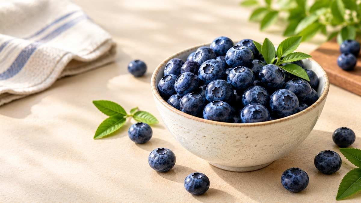Fresh blueberries in a ceramic bowl on a neutral tabletop.