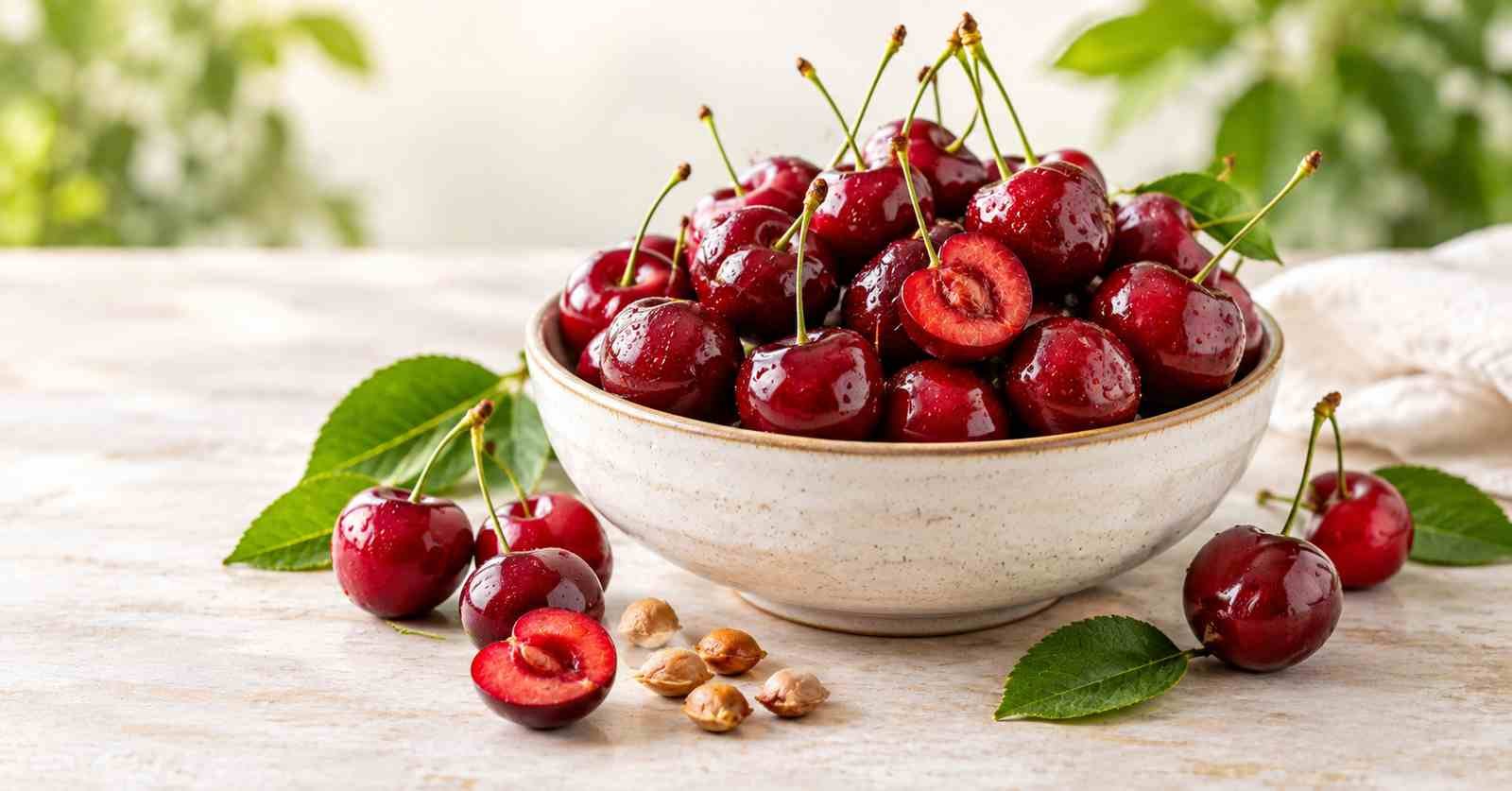Bowl of fresh glossy red cherries on a light surface, highlighting the fruit’s rich color and nutrition for health benefits
