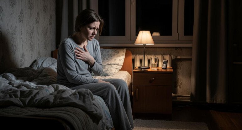 Adult experiencing chest pain at night while sitting in bed