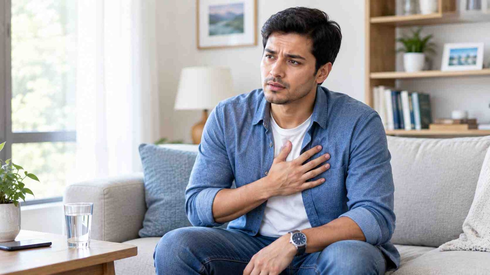 Adult experiencing concerning chest pain and recognizing emergency warning signs