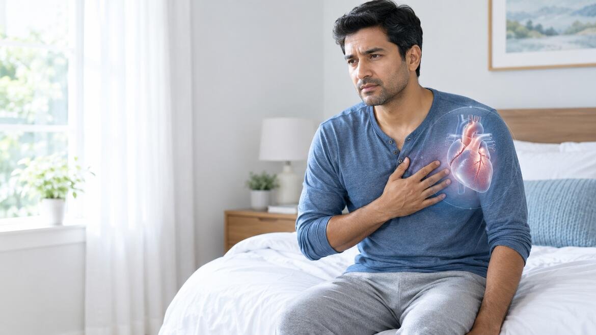 Adult experiencing chest pain after waking up in the morning