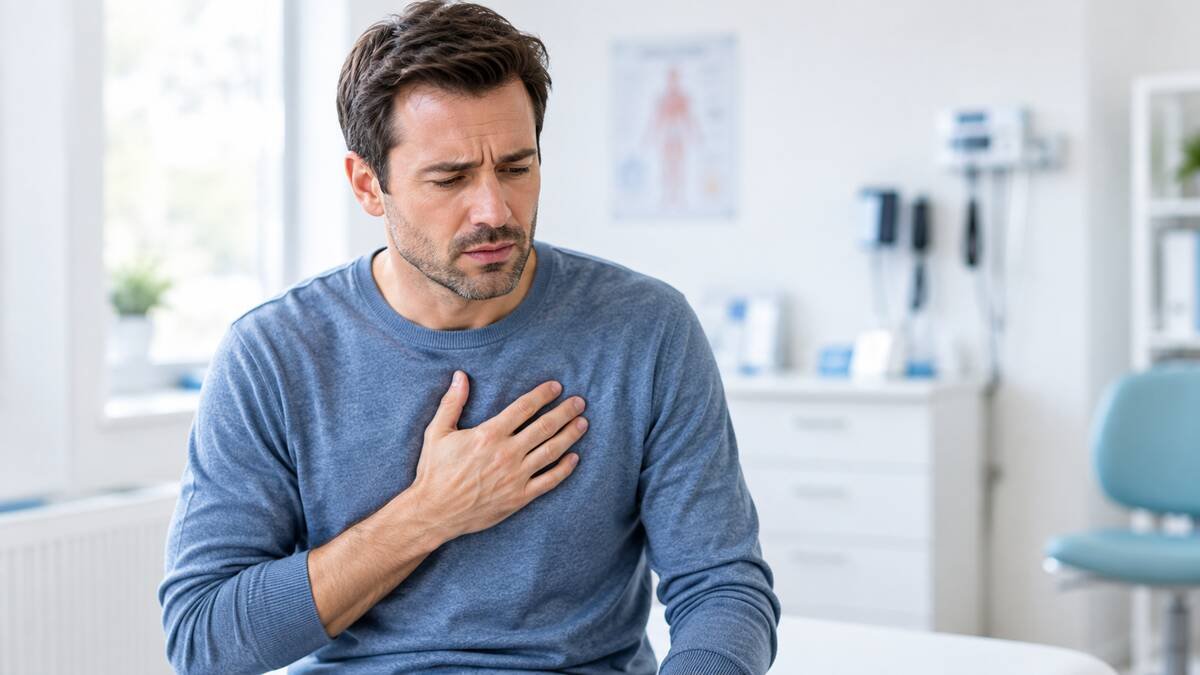Adult experiencing chest pain and seeking medical guidance
