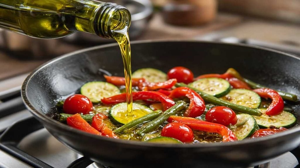 Extra virgin olive oil poured into a pan while cooking vegetables.