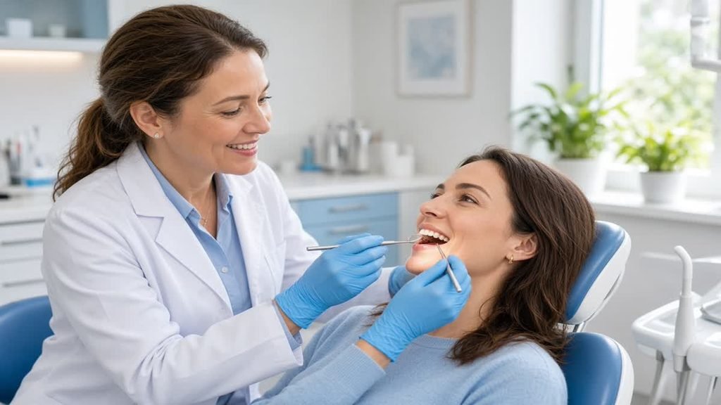 Smiling dentist examining a happy patient’s teeth during a routine dental checkup in a bright, modern clinic.