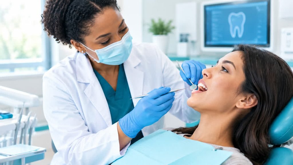 Dentist examining a patient's gums to assess inflammation and possible gum disease.