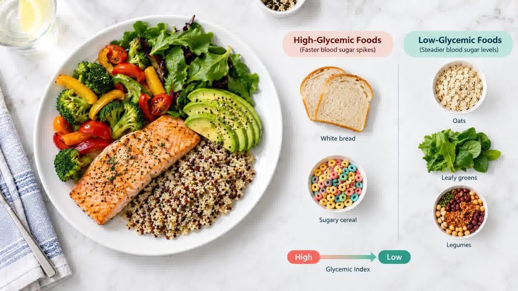 Balanced plate of anti-inflammatory foods with a high-glycemic vs. low-glycemic comparison — dietary patterns that may influence acne breakouts.