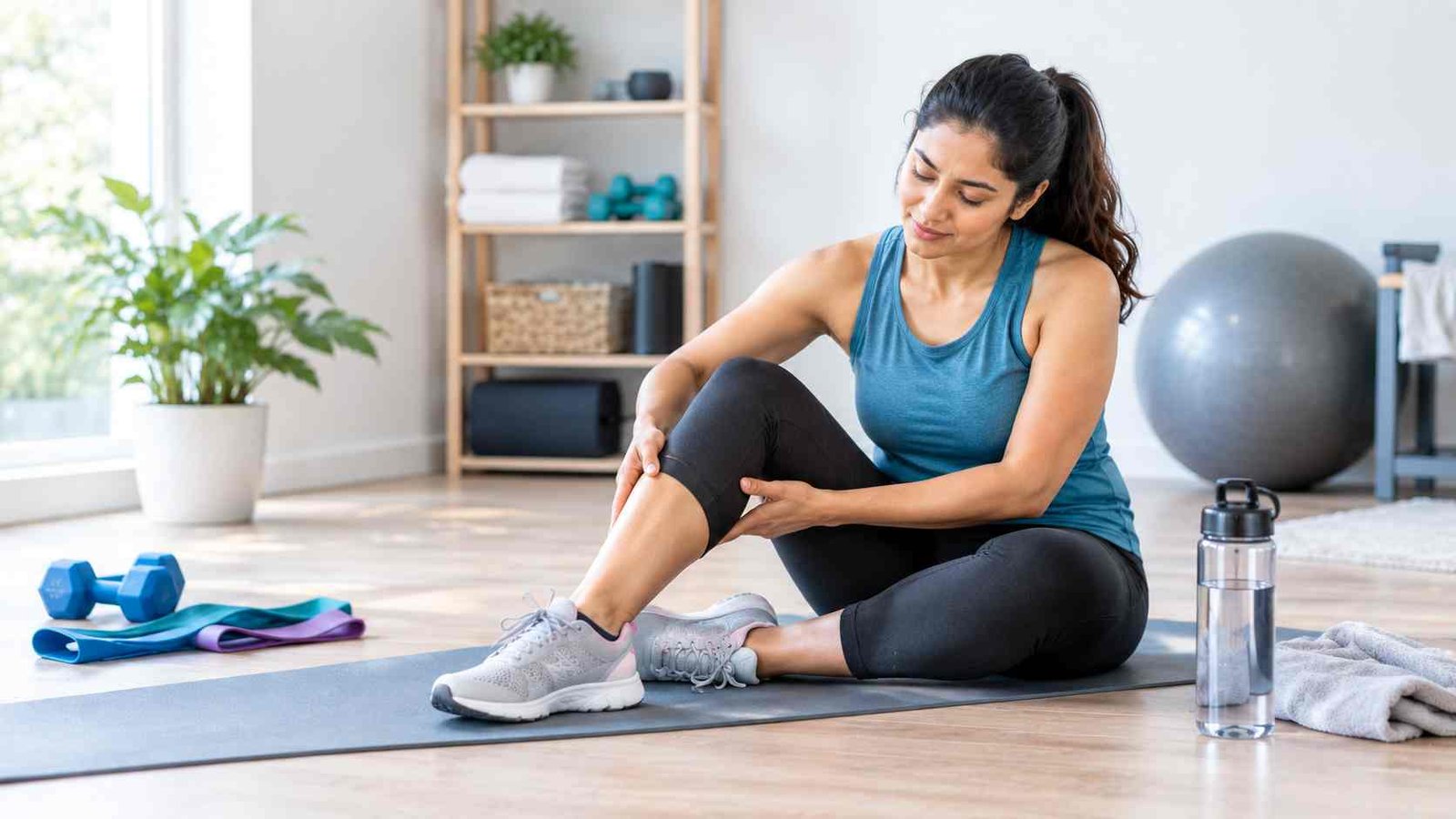 Adult gently massaging a sore leg muscle after exercise